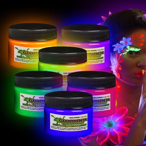 Glominex Glow Body Paint 1oz Jars - 6 Colors Assorted