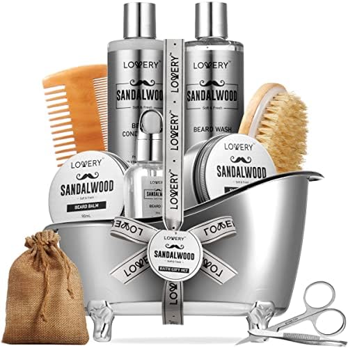 Valentines Mens Gifts, Sandalwood Beard Grooming Kit, Mens Grooming Kit for Boyfriend Dad, Him, 11pc Beard Straightener for Men Beard Care, Beard Growth and Trimming Gift, Beard Wash Growth Oil & More